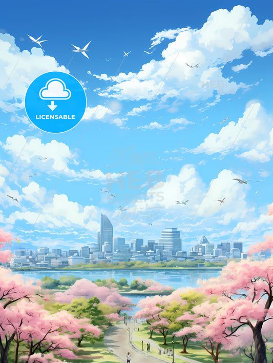 A City With Pink Flowers And Birds Flying Over Water