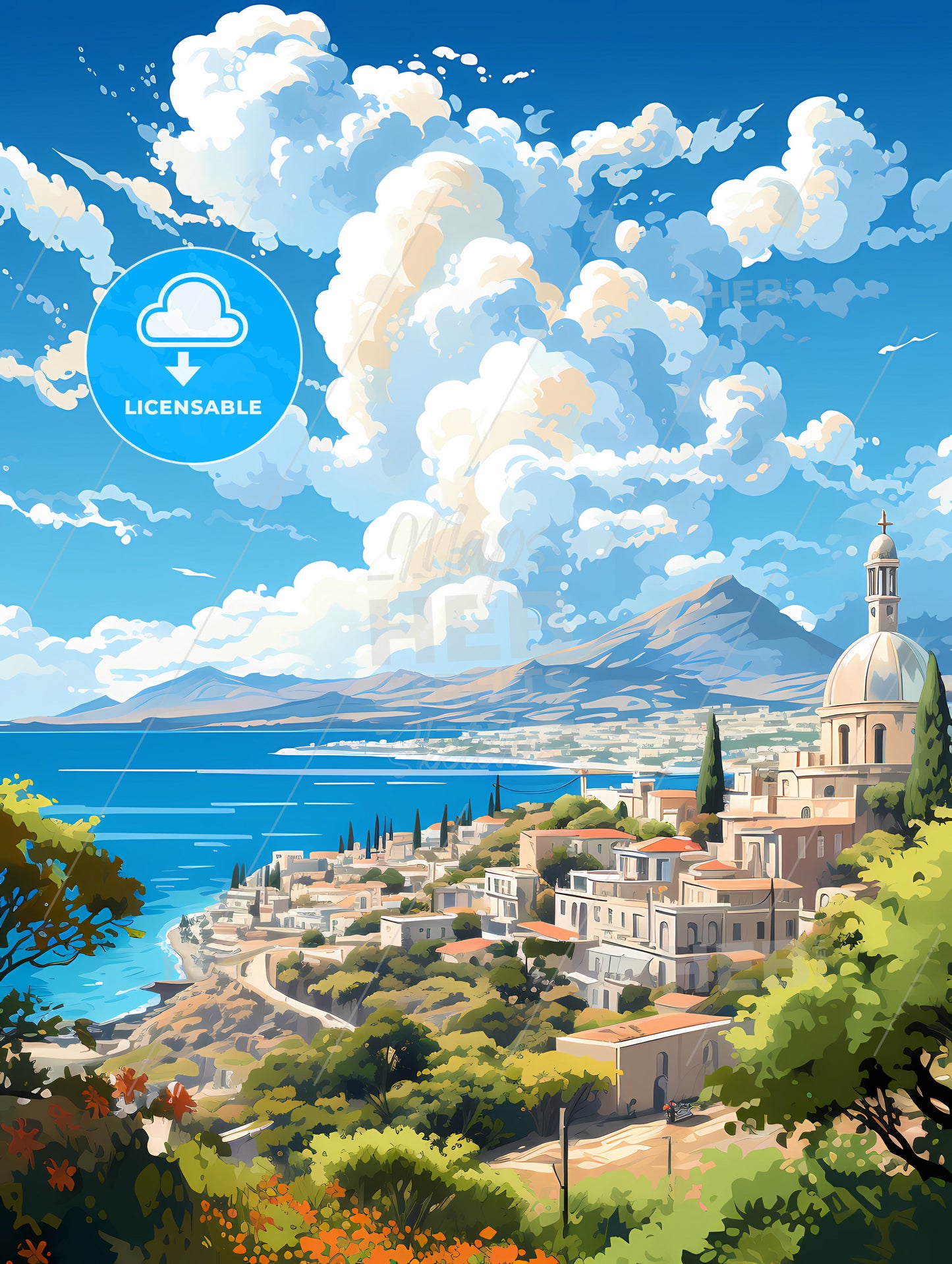 A Landscape Of A Town By The Water