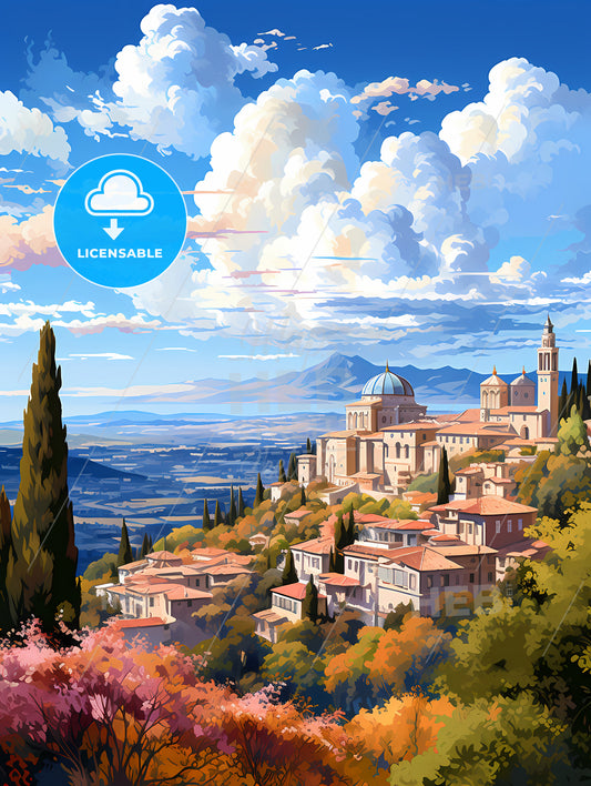 A Landscape Of A Town With Trees And Mountains