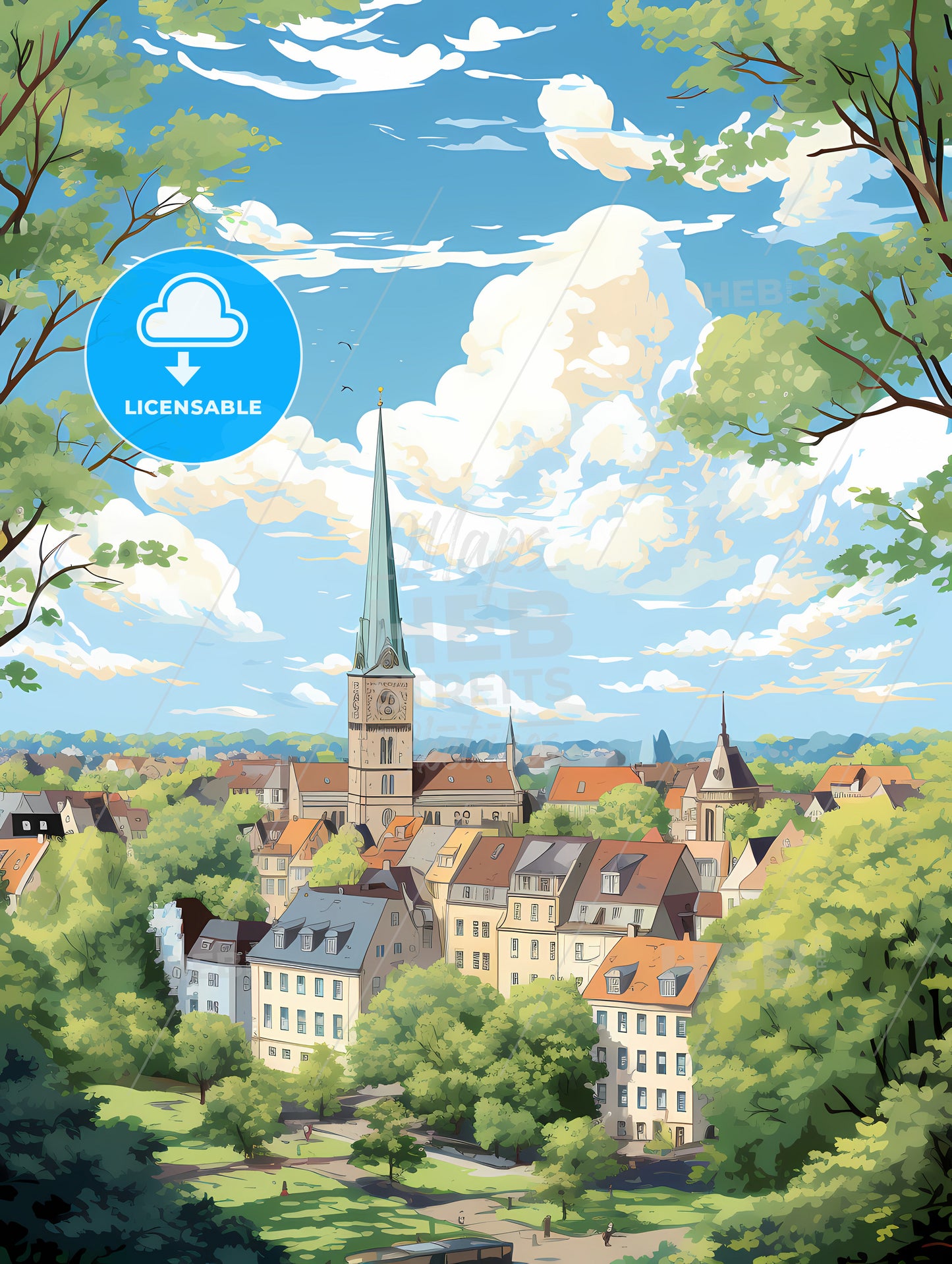 A City With A Steeple And Trees