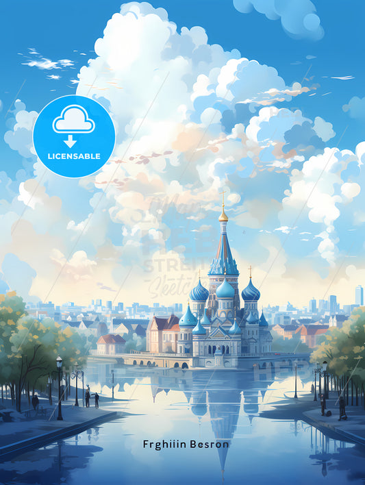 A Castle With Blue Domes And A River In Front