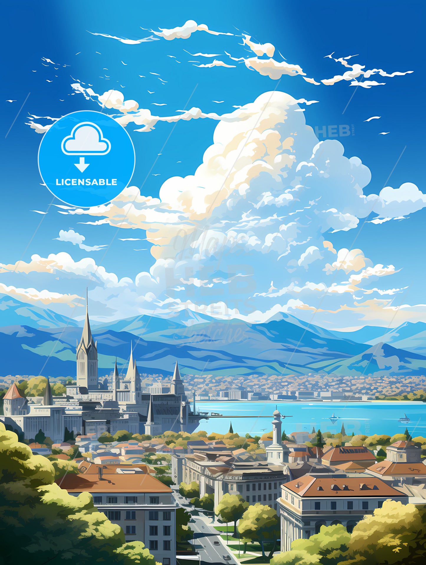 A City With A Lake And Mountains