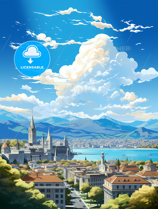 A City With A Lake And Mountains