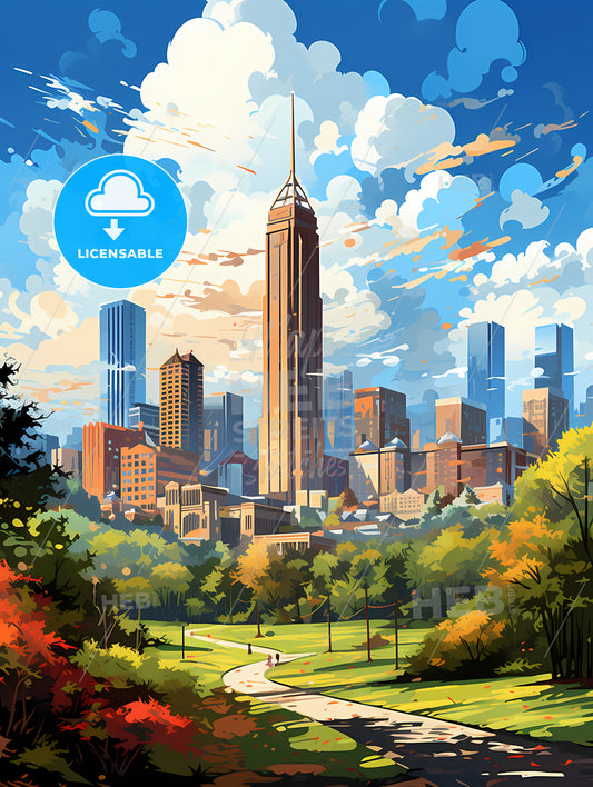 A City Landscape With Trees And A Tall Tower