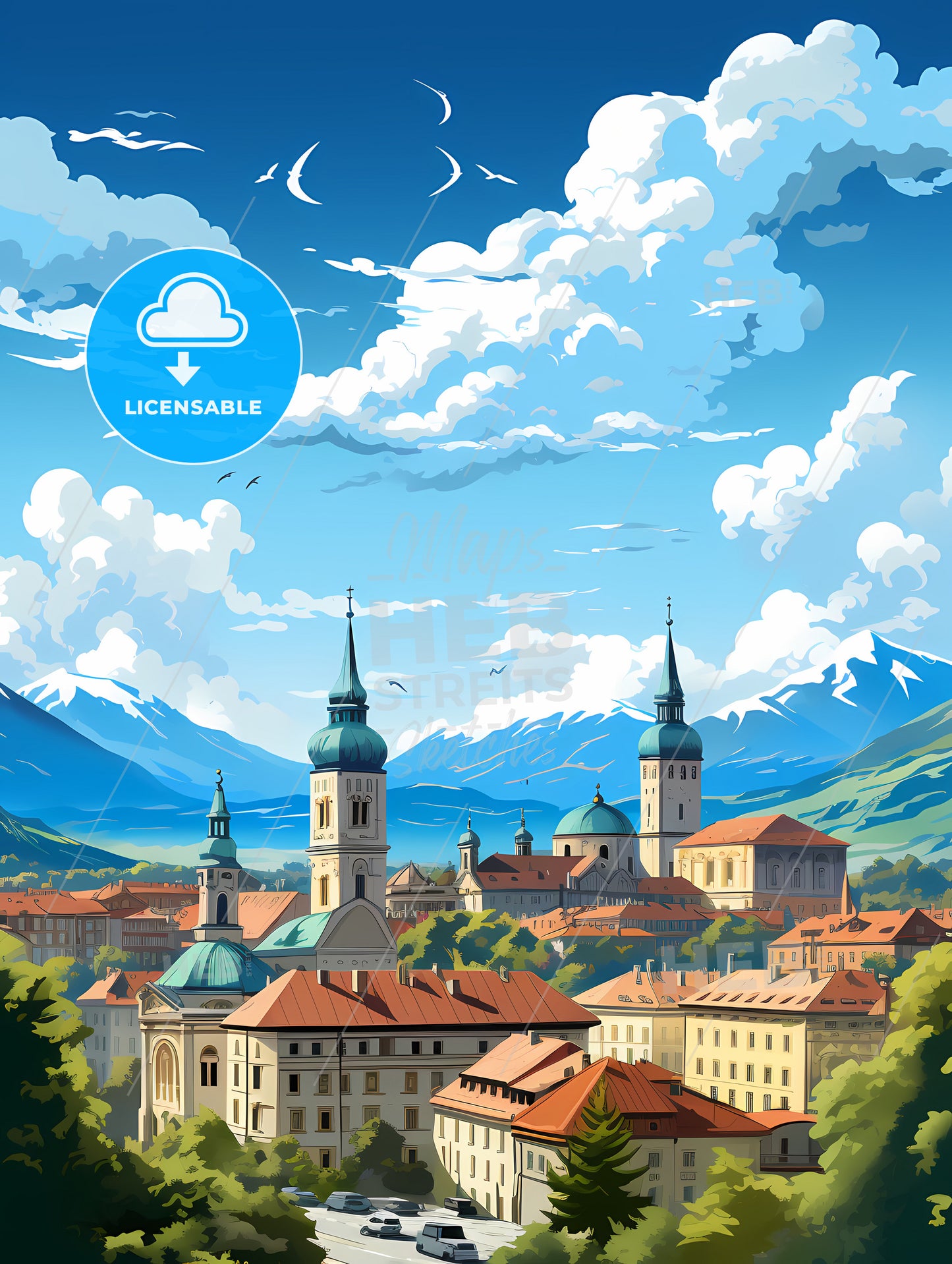 A City With Many Towers And Mountains In The Background