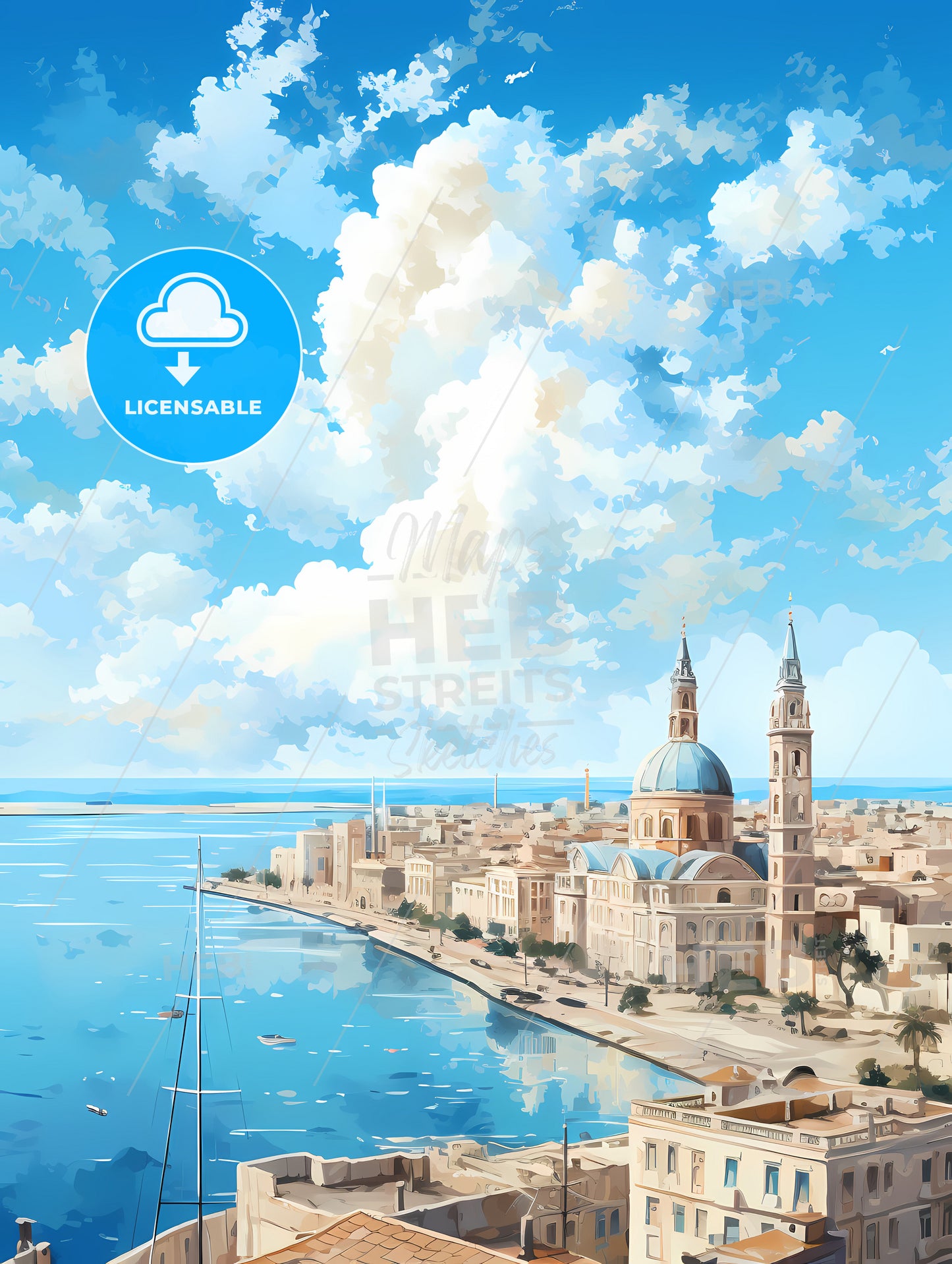 A City With A Body Of Water And A Blue Sky With Clouds