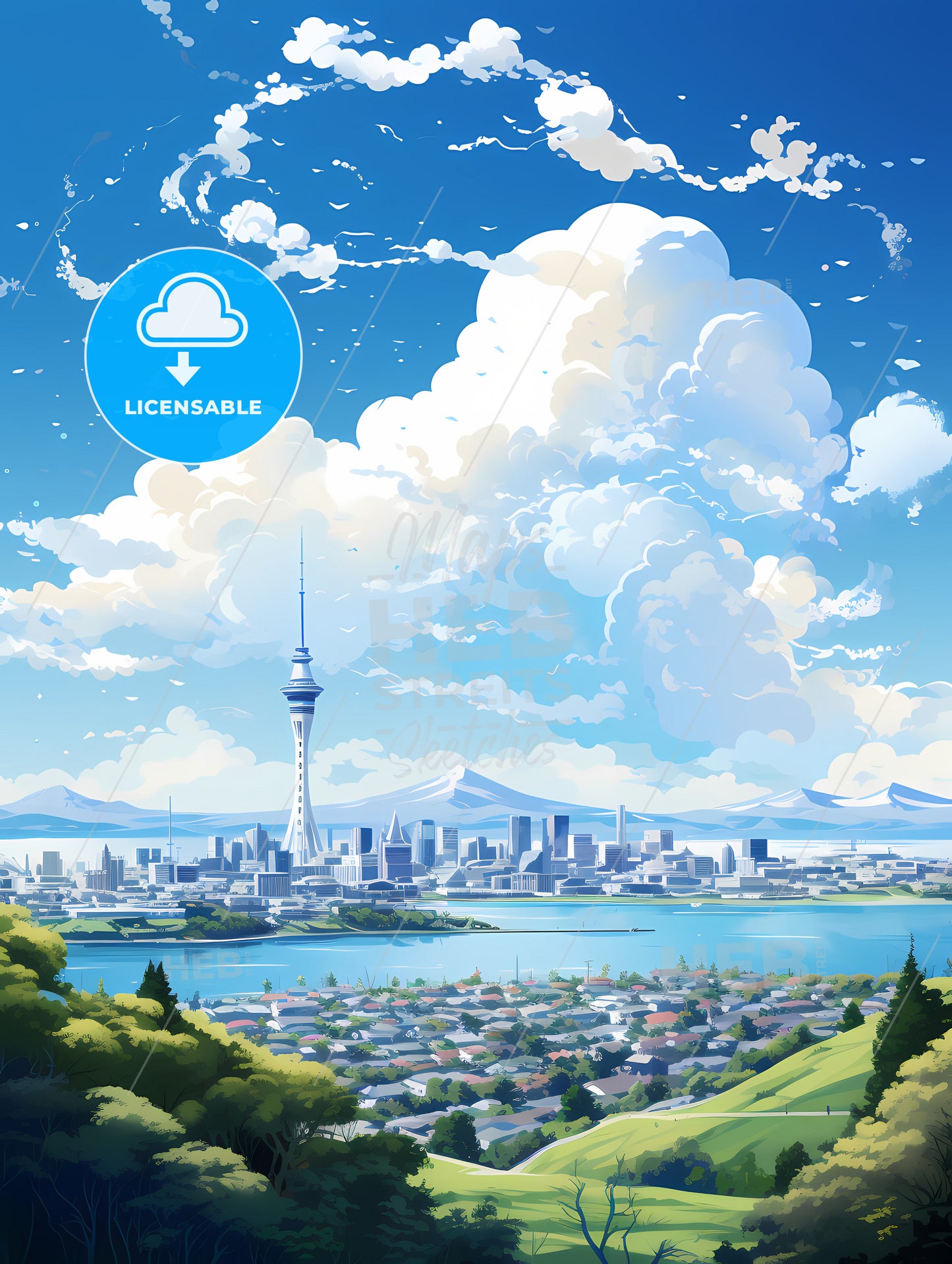 A City Landscape With A Tall Tower And A Body Of Water
