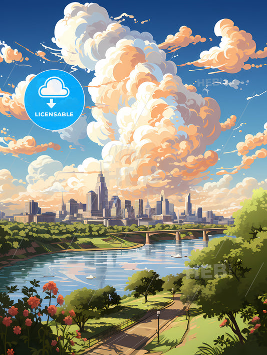 A River With Trees And A City In The Background