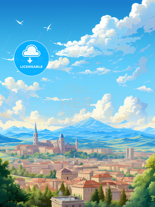 A Landscape Of A City With Mountains And Trees