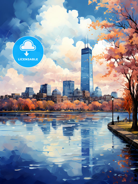 A Water Body With Trees And A City In The Background