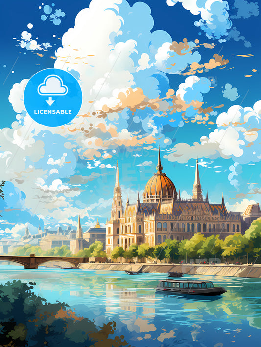 A Building With A Bridge And Trees And A River