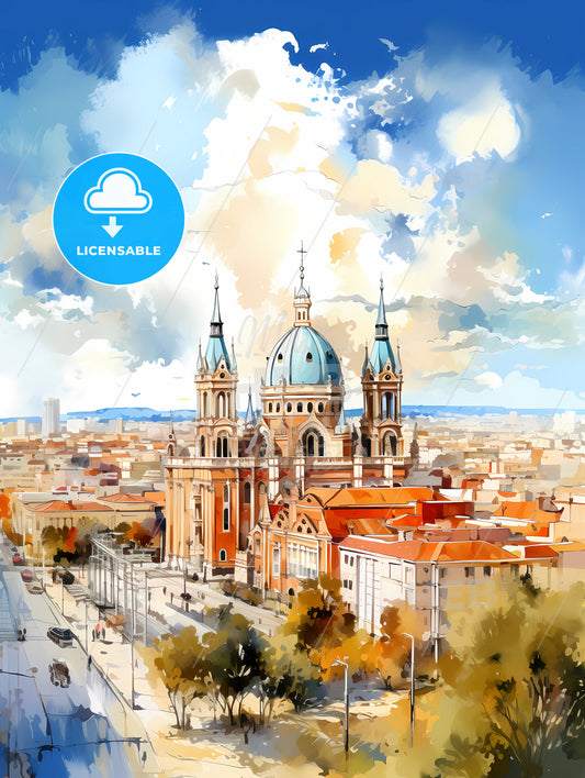 A Large Building With A Blue Dome And A Street In Front Of It