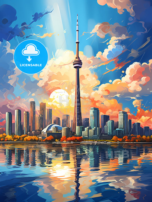 A City Skyline With A Tall Tower And A Body Of Water