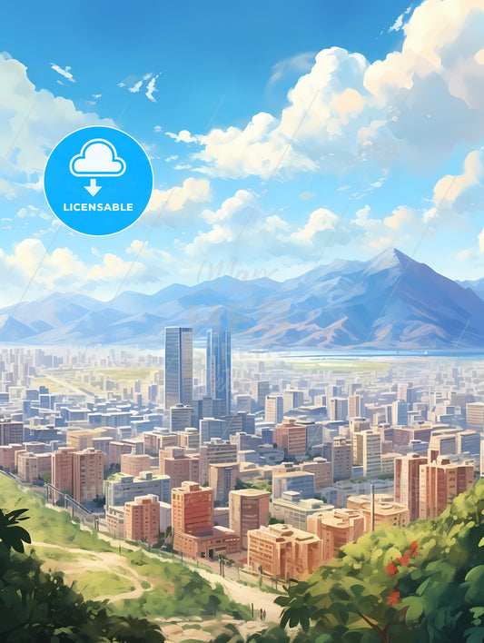 A City With Tall Buildings And Mountains In The Background