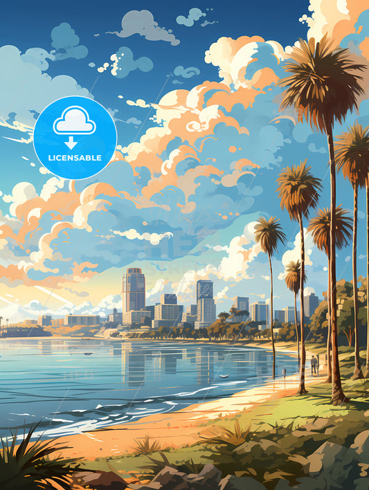 A Beach With Palm Trees And A City In The Background