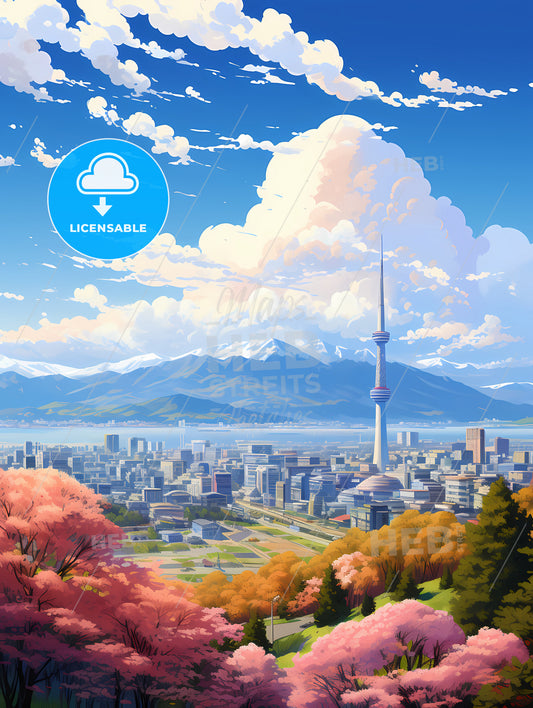 A City With A Tall Tower And Mountains In The Background