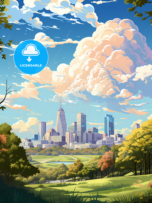 A City Landscape With Trees And Clouds