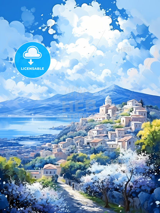 A Painting Of A Town On A Hill With Trees And Mountains In The Background