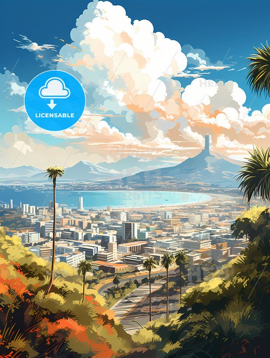 A Landscape Of A City With Palm Trees And A Mountain In The Background