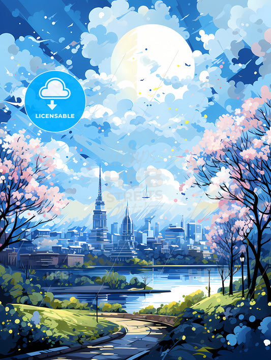 A Landscape Of A City With Trees And A River