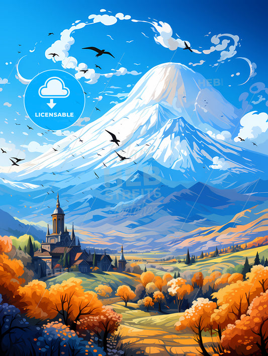 A Mountain With A Castle And Trees