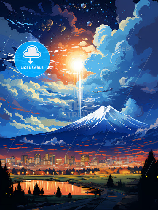 A Mountain With A Bright Light Coming From It