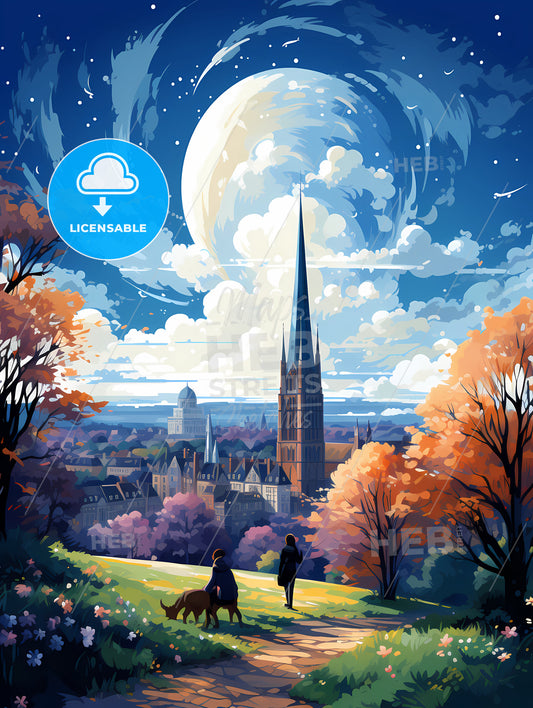 A Painting Of A City With A Tall Spire And A Couple Of People Walking