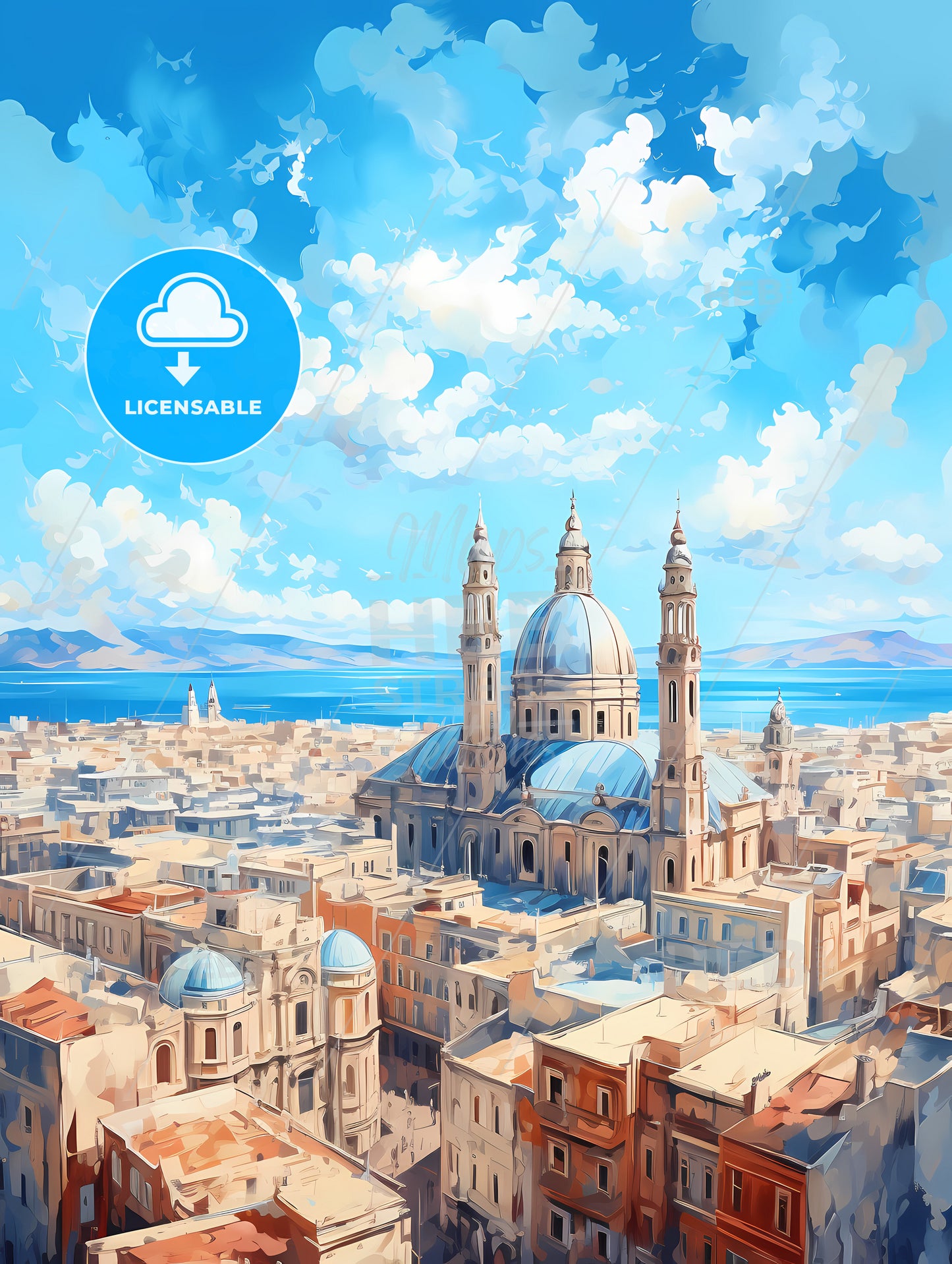 A Large Building With Towers And A Blue Sky With Clouds