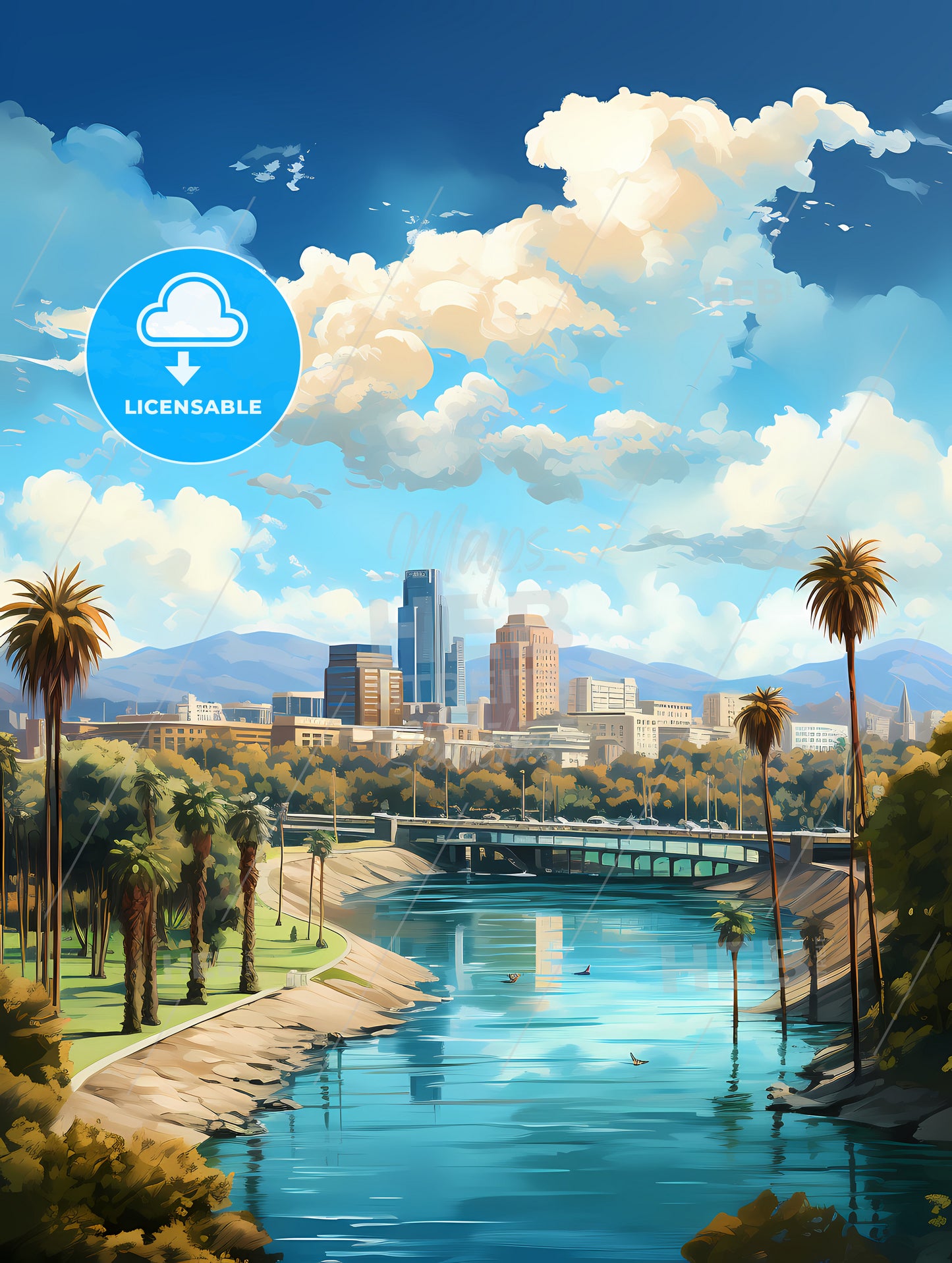 A River With Palm Trees And A Bridge In The Background