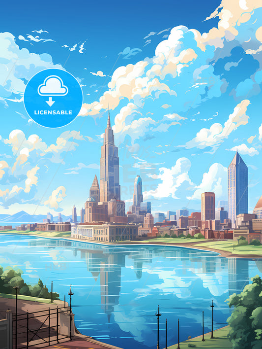 A City With A River And A Large Building