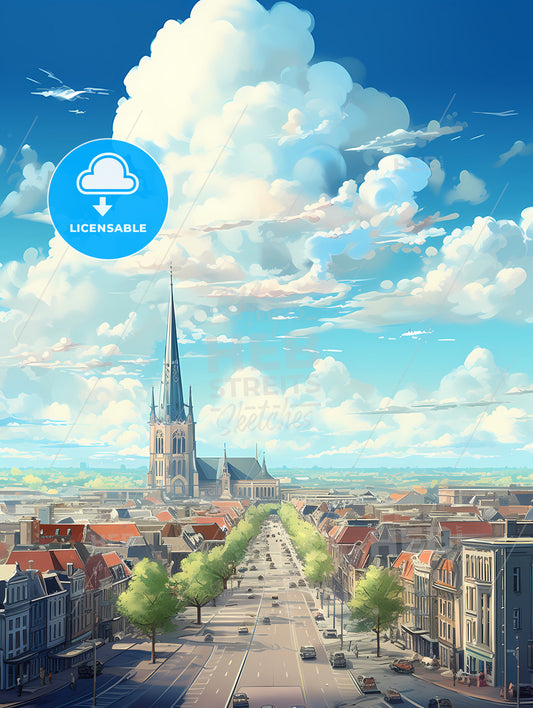 A City With A Tall Tower And A Road With Trees