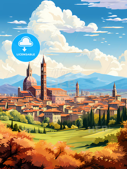 A Landscape Of A Town With Trees And Mountains