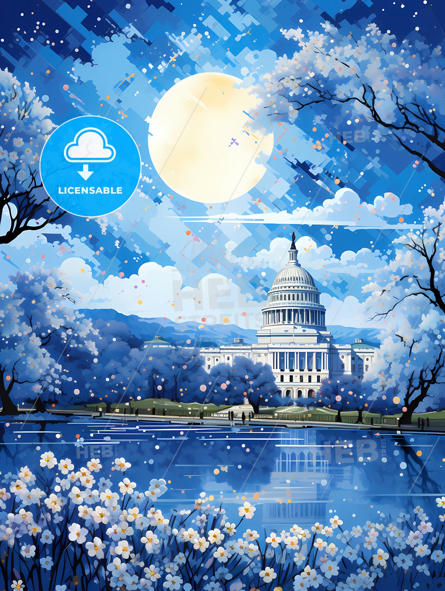 A Painting Of A Building With Trees And A Moon