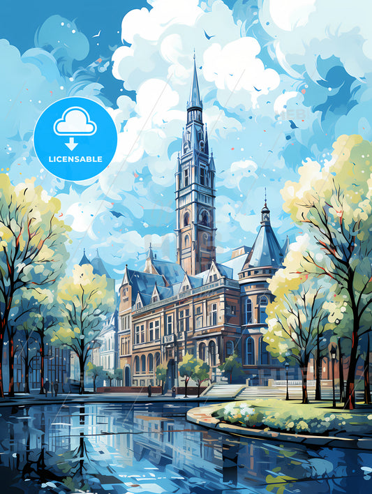 A Painting Of A Building With Trees And A Pond