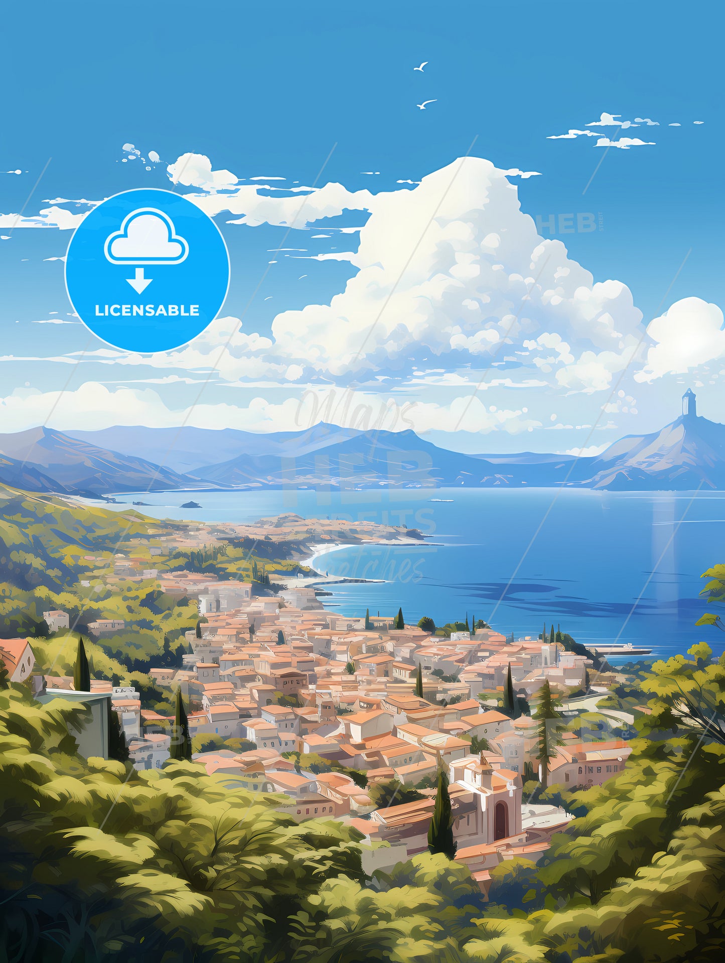 A Town On A Hill By A Body Of Water