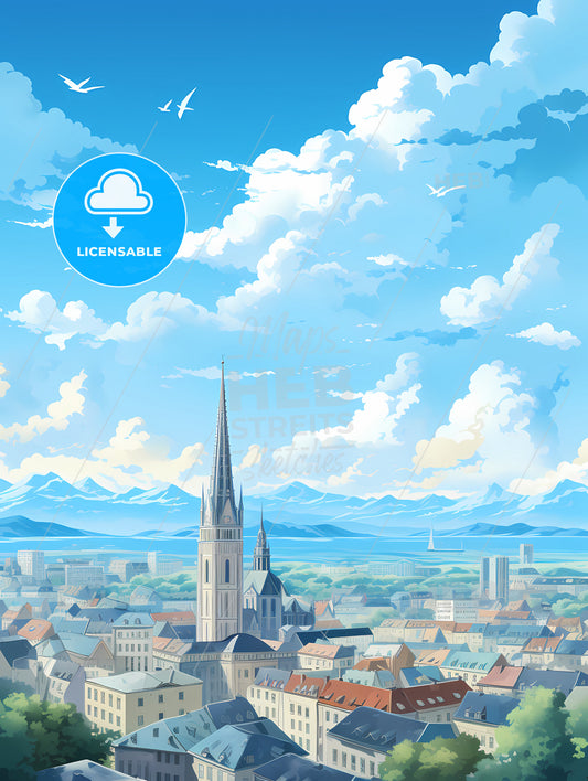 A City With A Tall Tower And Mountains In The Background