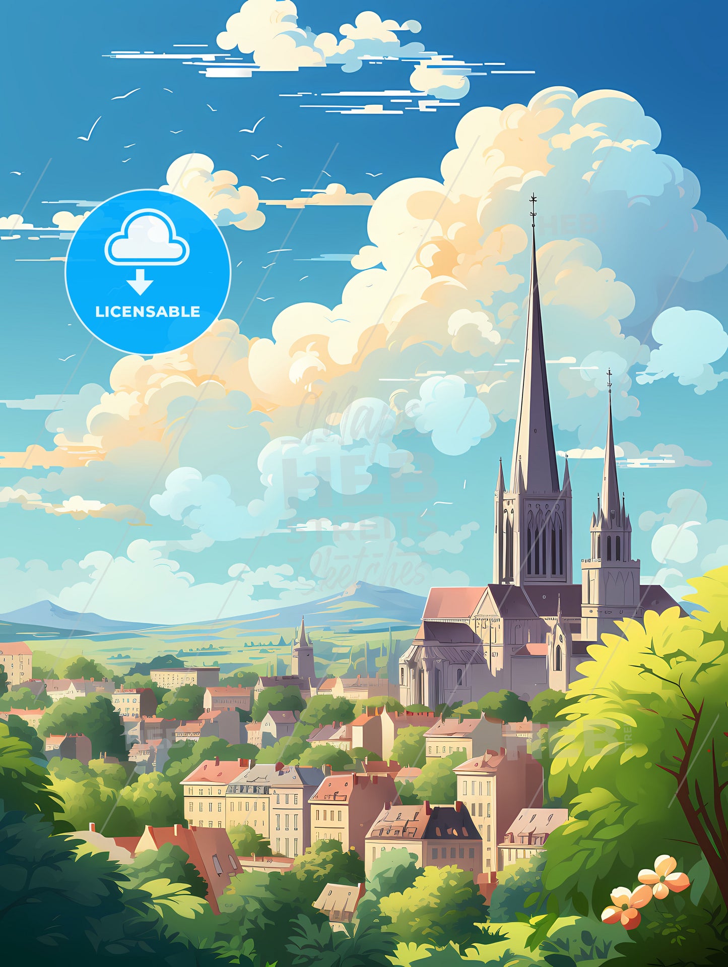 A City Landscape With A Church And Trees