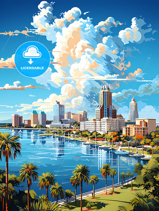 A Water Body With Palm Trees And Buildings