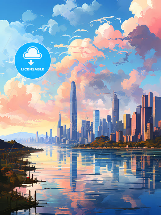 A City Skyline With A Body Of Water And Pink Clouds