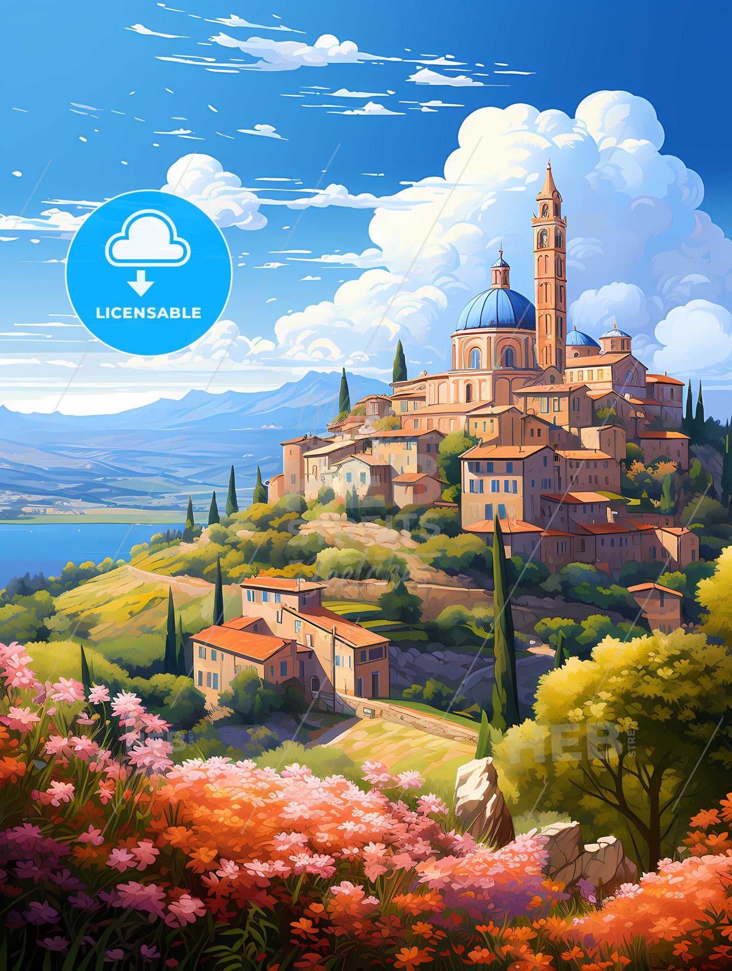 A Painting Of A Town On A Hill With Trees And Flowers