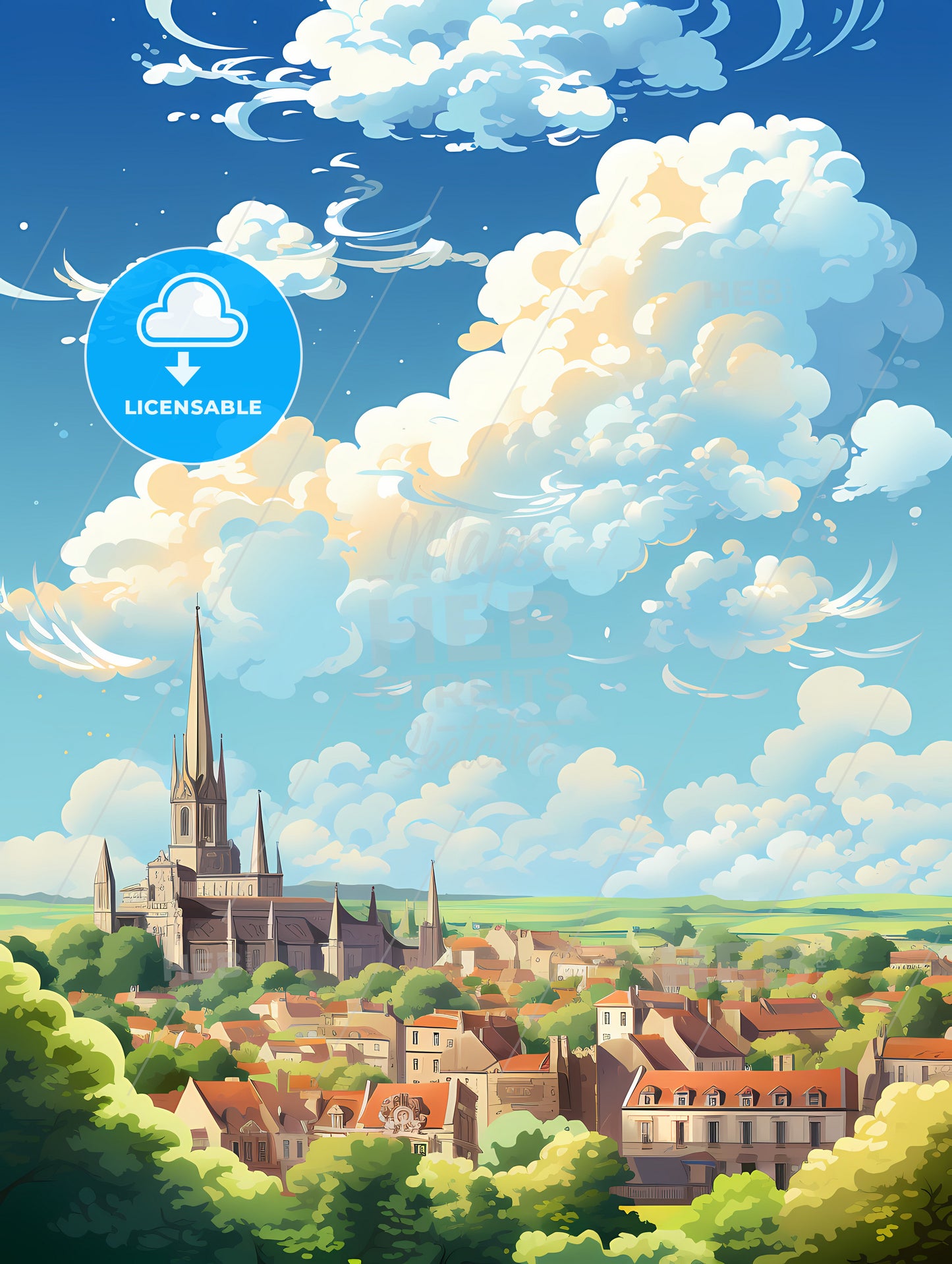 A City With A Church And Trees