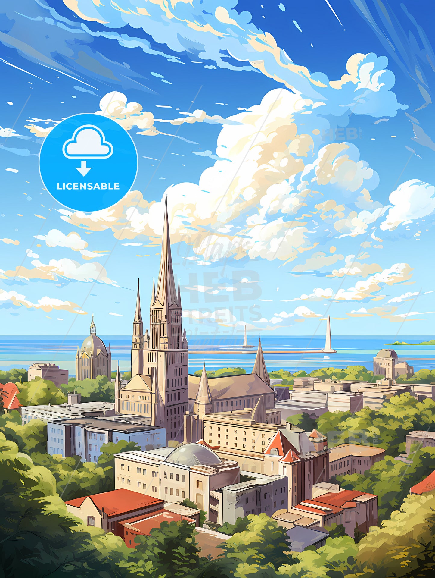 A City With A Tall Spire And Trees And A Body Of Water