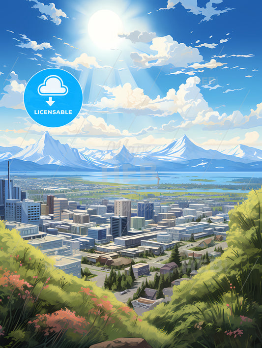 A Cityscape With Mountains And Water