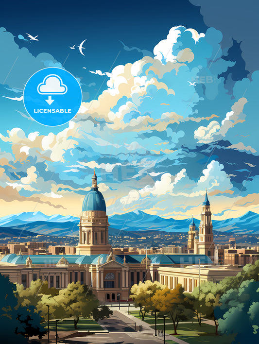 A Large Building With A Blue Dome And Mountains In The Background