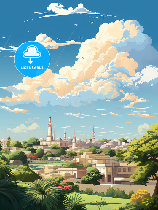 A Landscape Of A City With Towers And Trees