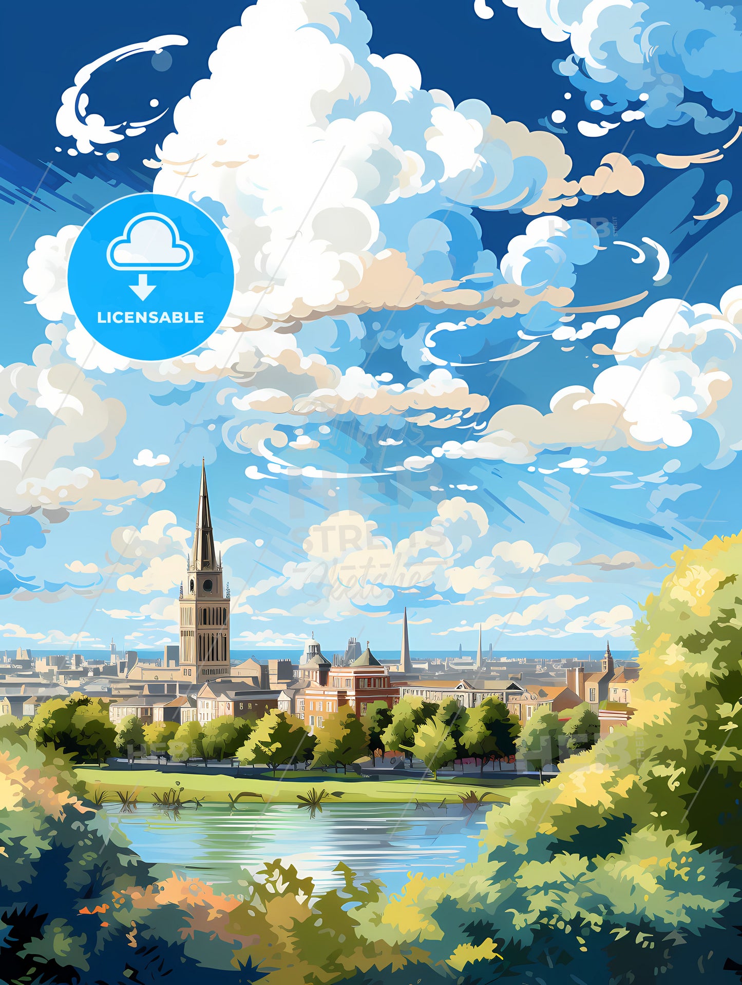 A Landscape Of A City With A Lake And Trees