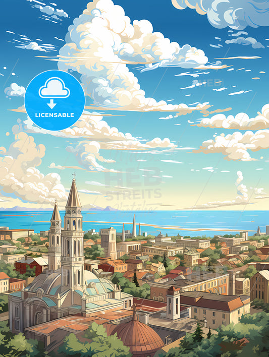 A City With A Church And A Body Of Water