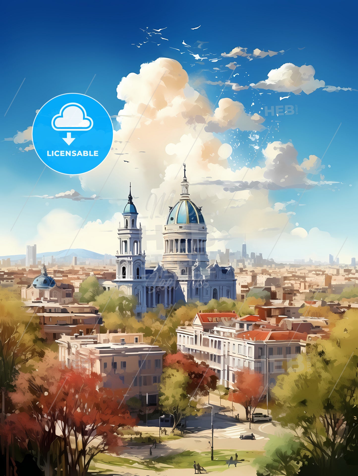 A Large Building With A Dome Roof And A Blue Sky With Clouds