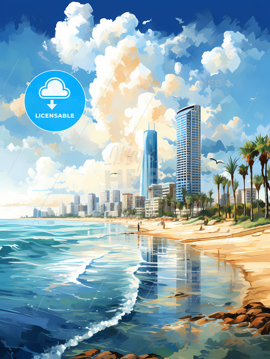 A Beach With Tall Buildings And Palm Trees