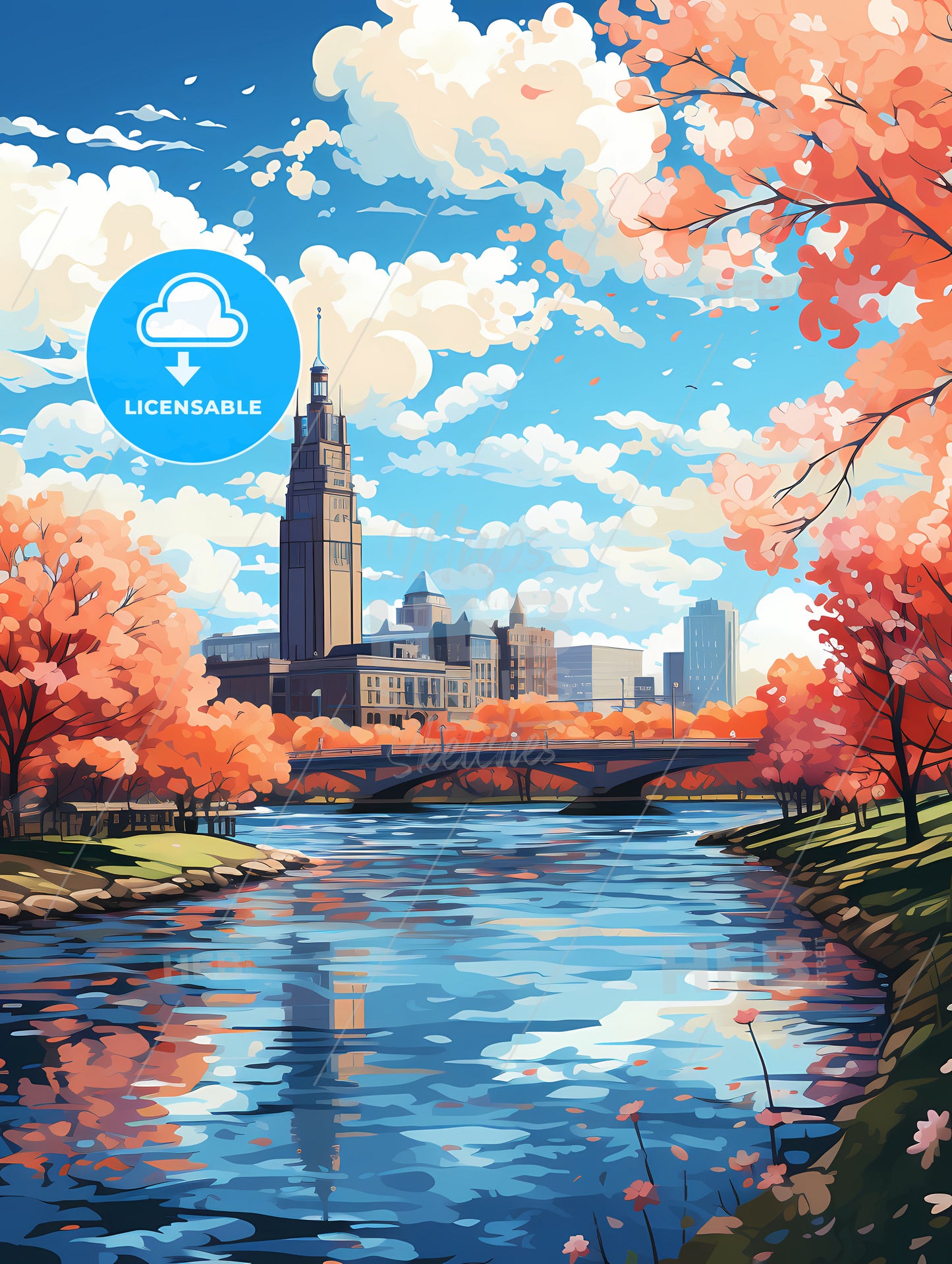 A River With A Bridge And Trees And A City In The Background